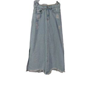 YSC Womens Denim Maxi Skirt Size Small / 36 Distressed Frayed Hem Modest READ